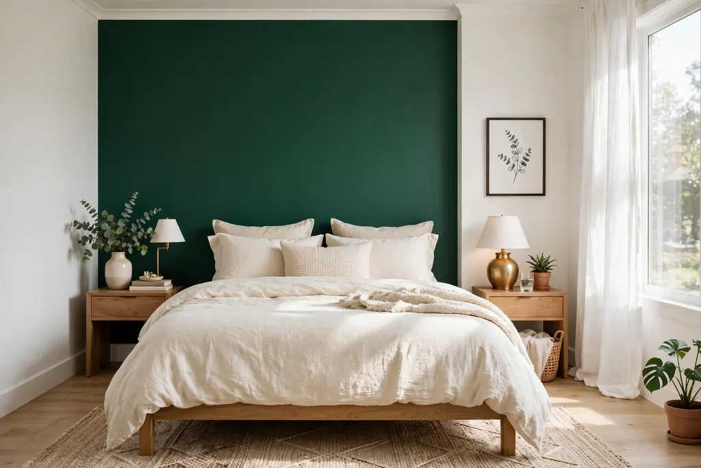 Bedroom with an emerald green accent wall behind a bed with cream bedding.