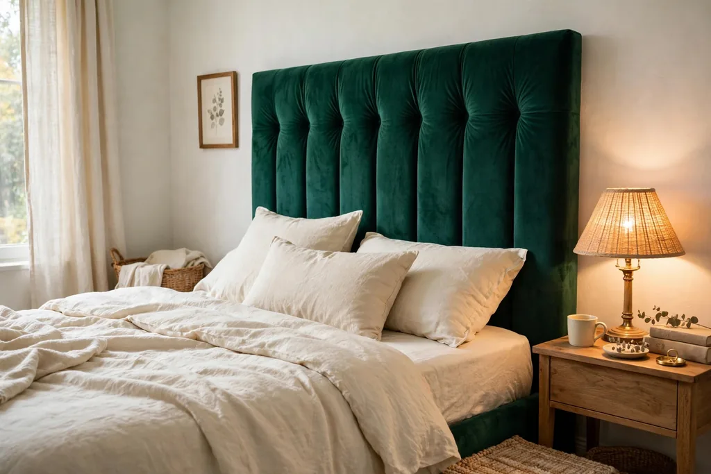 Bedroom with an emerald green velvet headboard and cream bedding.