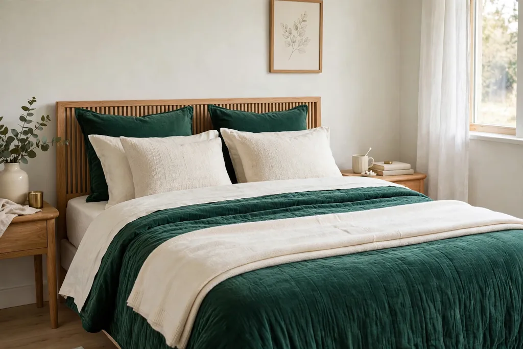 Bed with layered emerald green and cream bedding and a folded cream throw.