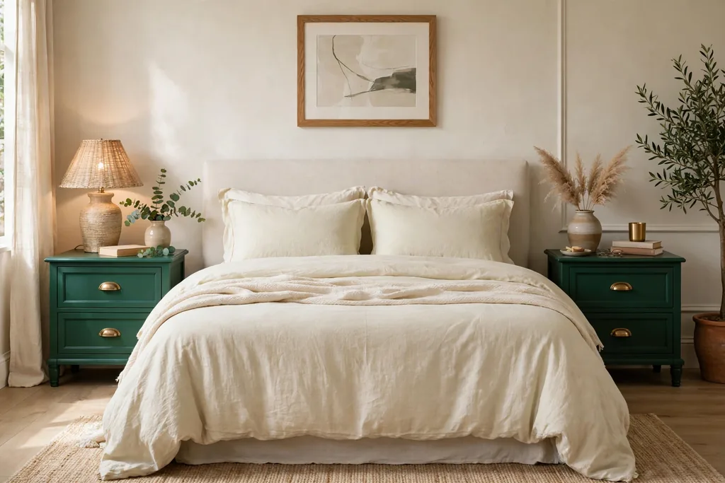 Bedroom with two emerald green painted nightstands beside a bed with pale bedding.