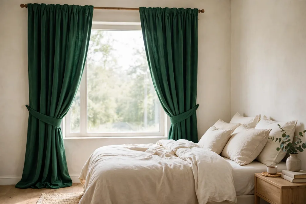 Bedroom window with floor-length emerald green curtains beside a bed.