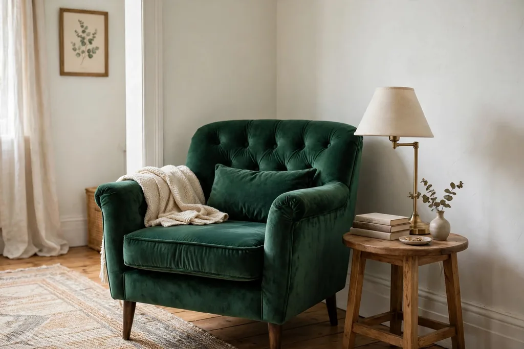 Bedroom corner with an emerald green armchair, small side table, and reading lamp.