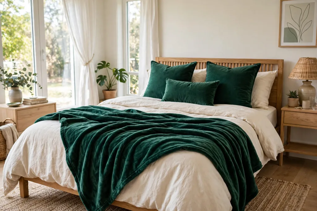 Bed with an emerald green throw and cushions over cream bedding.