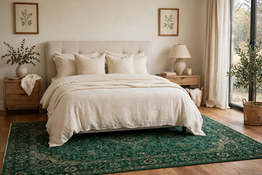 Bedroom with a large emerald green patterned rug under the lower half of a bed.