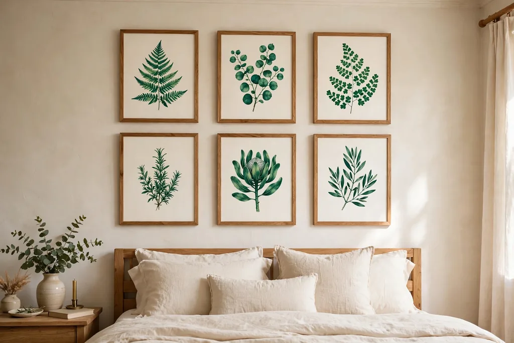 Bedroom wall with a gallery of framed prints in emerald tones above a bed.