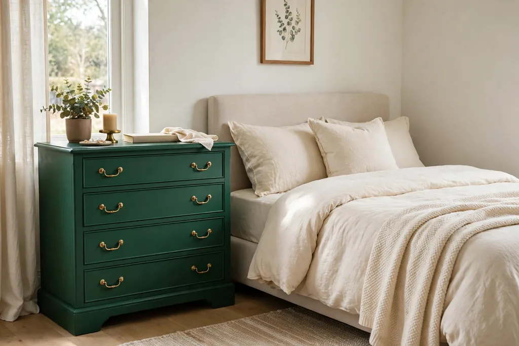 Bedroom with an emerald green painted dresser beside a bed with cream bedding.
