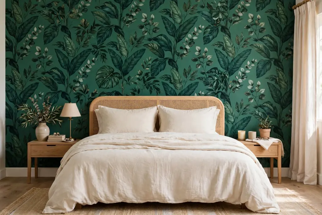 Bedroom bed wall with emerald green botanical wallpaper and cream bedding.