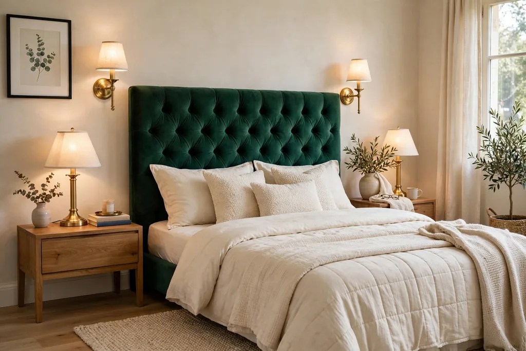 Bedroom with brass lamps and sconces beside an emerald green headboard.