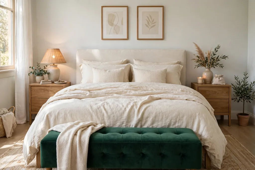 Bedroom with an emerald green upholstered bench at the foot of a bed.