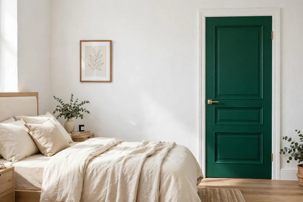 Bedroom with an emerald green painted door and white walls.