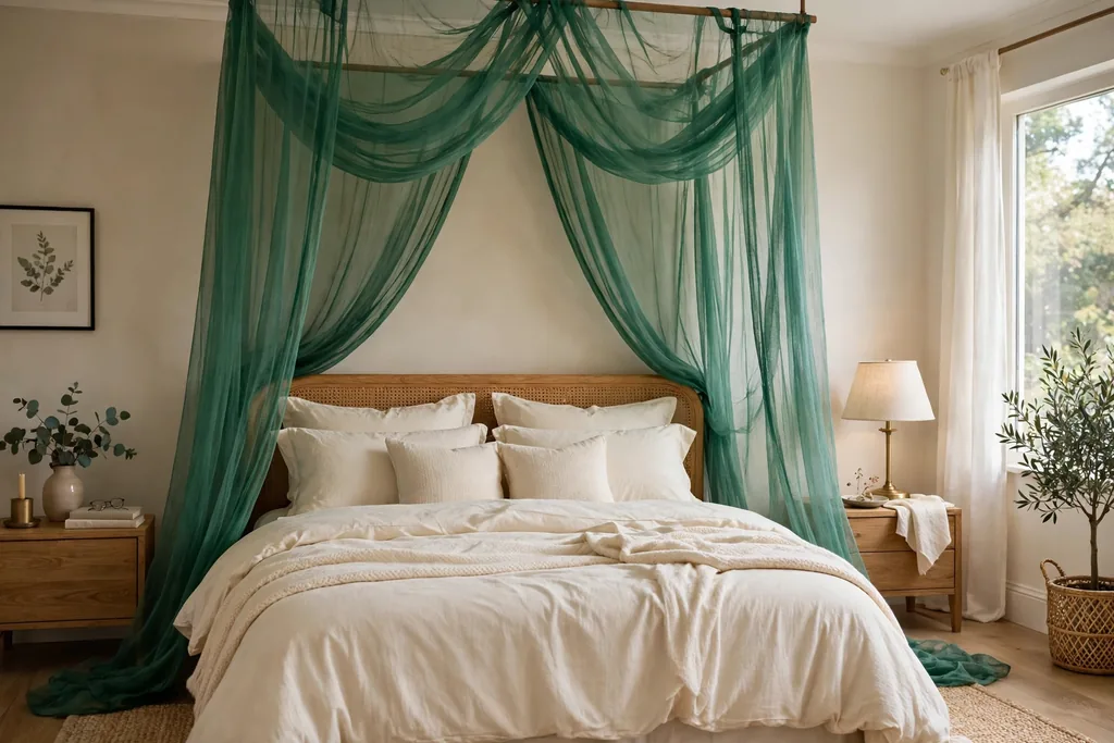 Bedroom bed with a light emerald green canopy draped above it.