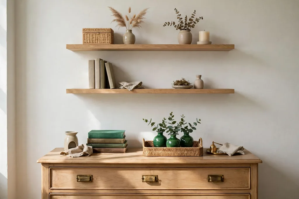 Bedroom shelves styled with small emerald green vases, books, and a tray above a dresser.