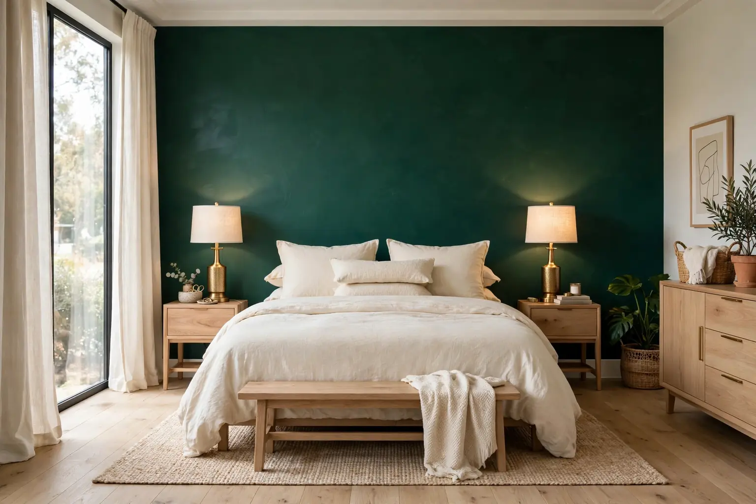 Wide bedroom with an emerald green accent wall, cream bedding, brass lamps, and soft daylight.