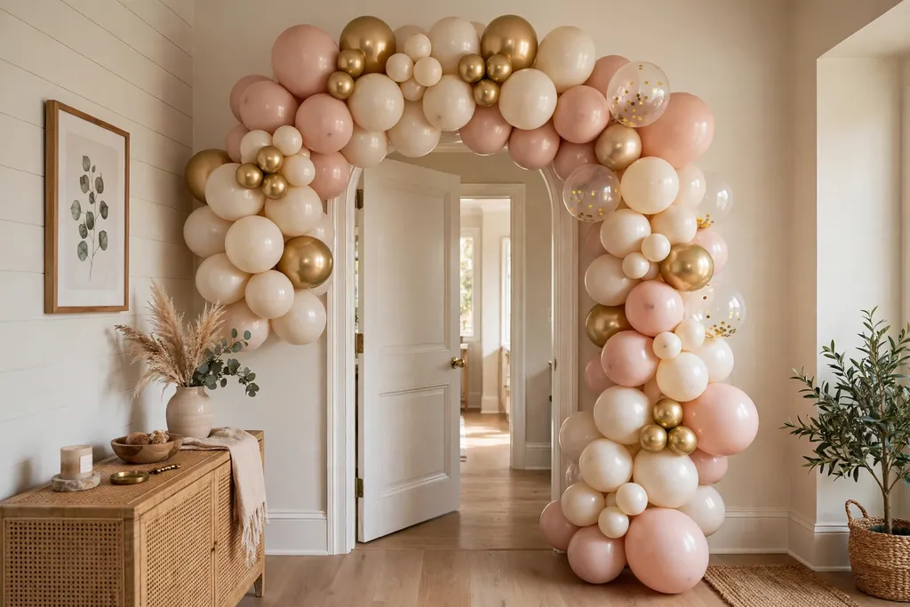 Balloon arch in blush, cream, and gold framing an entry doorway in a home.