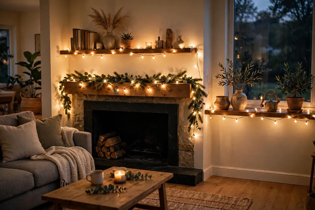 Living room with warm white string lights along a mantel and a shelf in the evening.