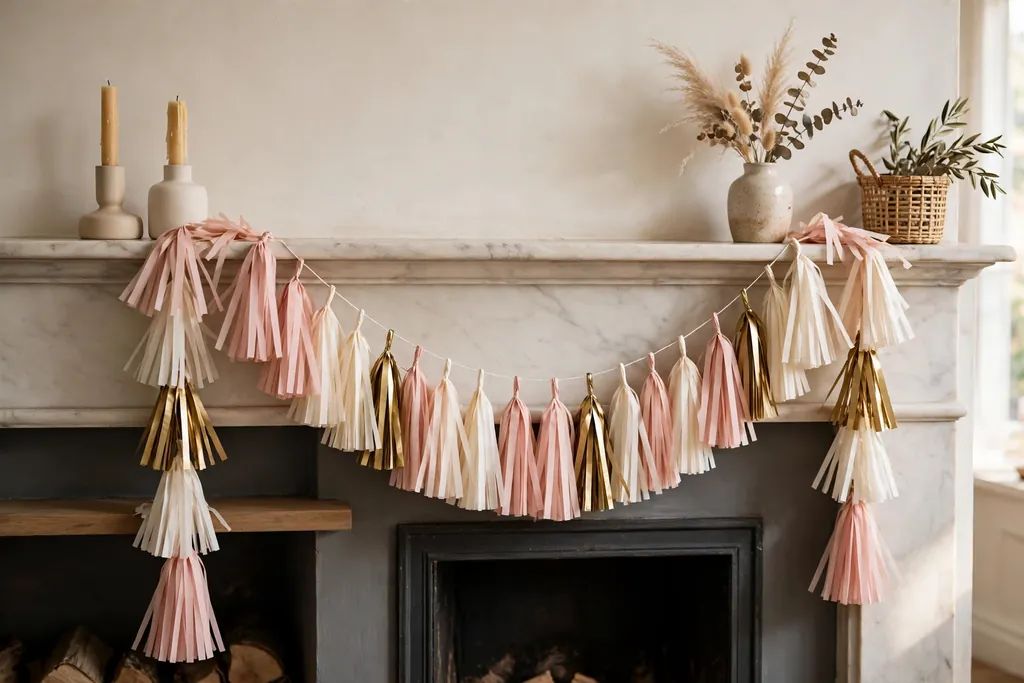 Paper tassel garland in blush, cream, and gold draped over a mantel.