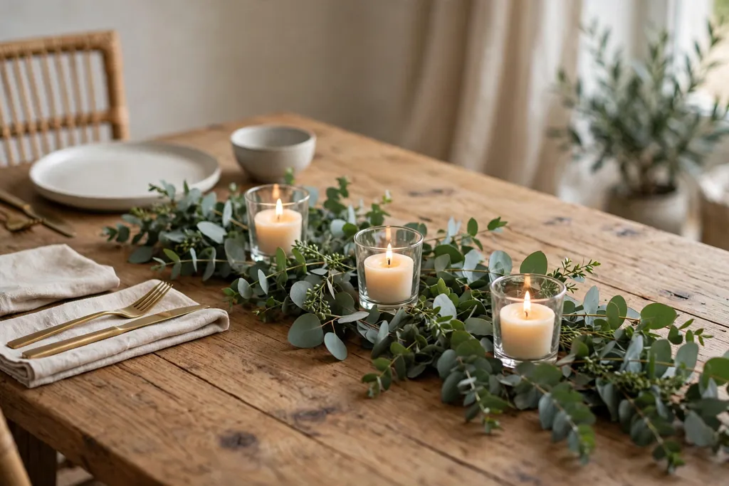 Dining table with a low eucalyptus runner and short candles in holders.