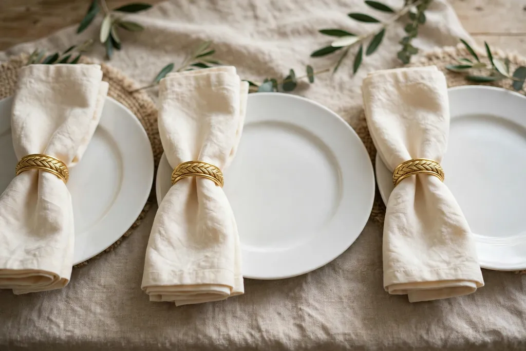 Folded cream napkins with gold ring napkin rings beside white plates.