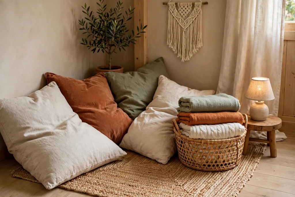 Lounge corner with floor cushions, folded throws in a basket, and a small lamp.