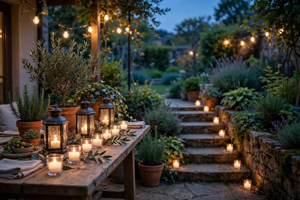 Patio at dusk with lanterns and battery candles along a table and garden steps.