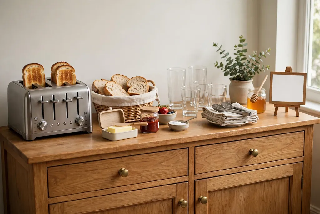Toast station on a sideboard with glasses ready and a small sign.