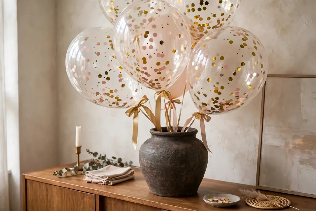 Clear confetti balloons in gold and blush anchored in a heavy vase on a sideboard.