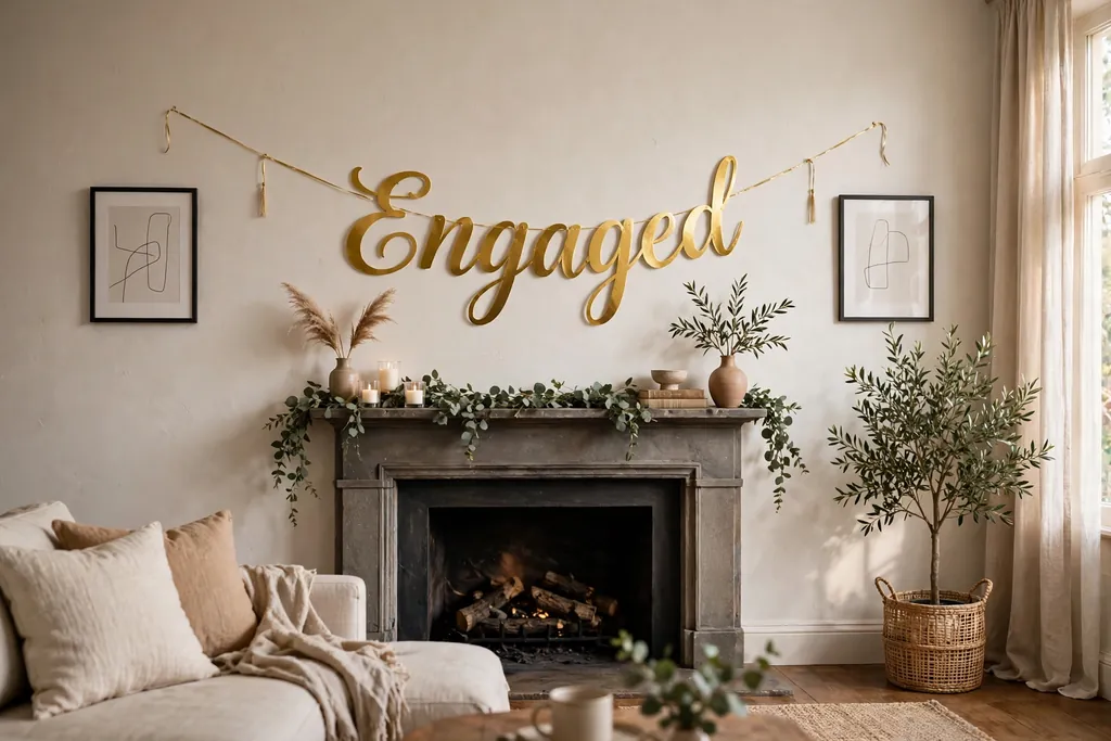Engaged banner in gold letters across a living room wall above a mantel.