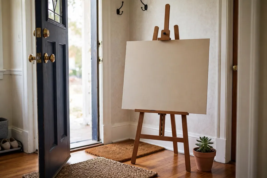 Welcome sign on an easel just inside a front door with a small plant beside it.