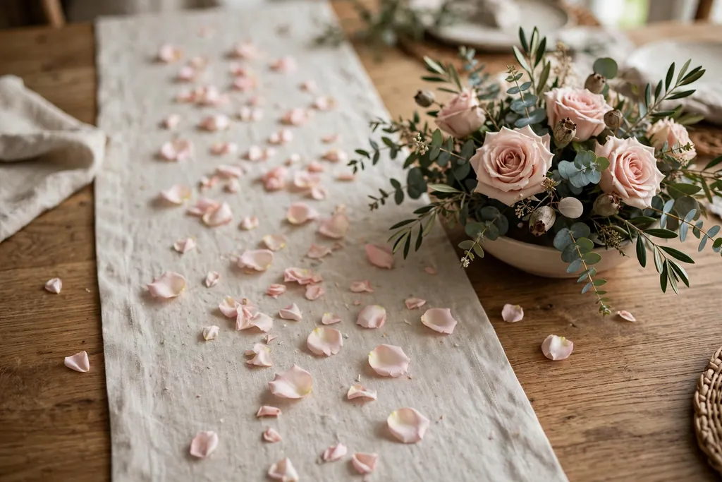Dining table runner scattered lightly with blush rose petals beside a low centerpiece.