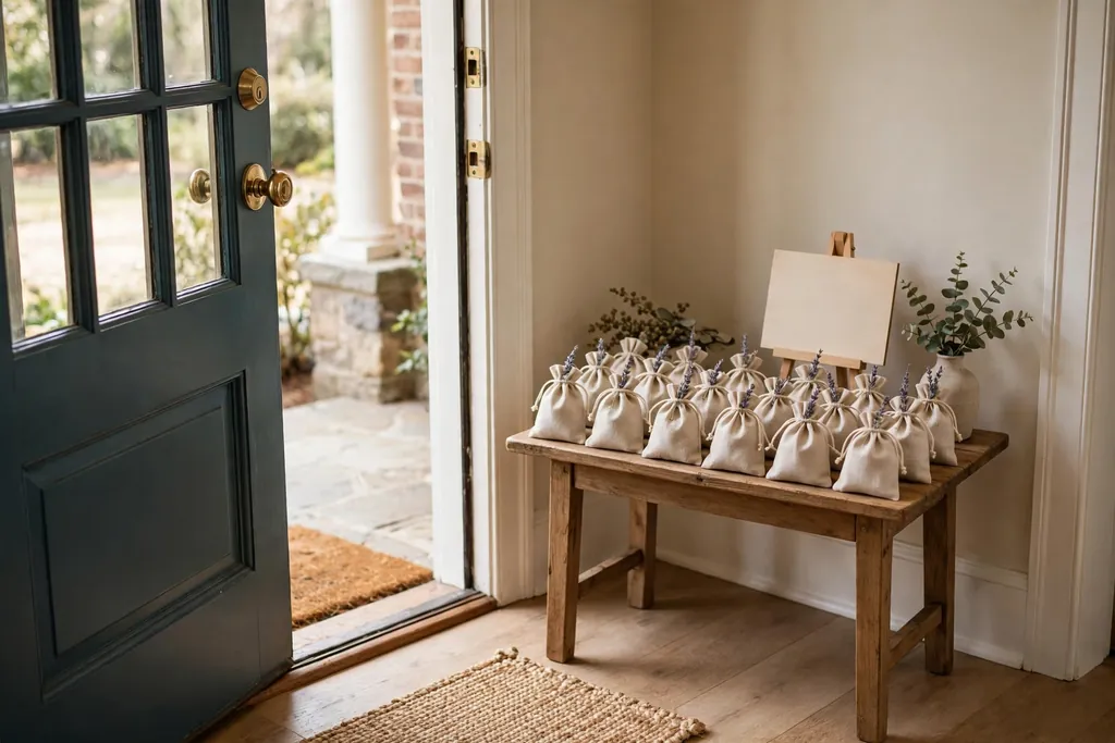 Small favor table by a front door with identical keepsakes and a thank you sign.