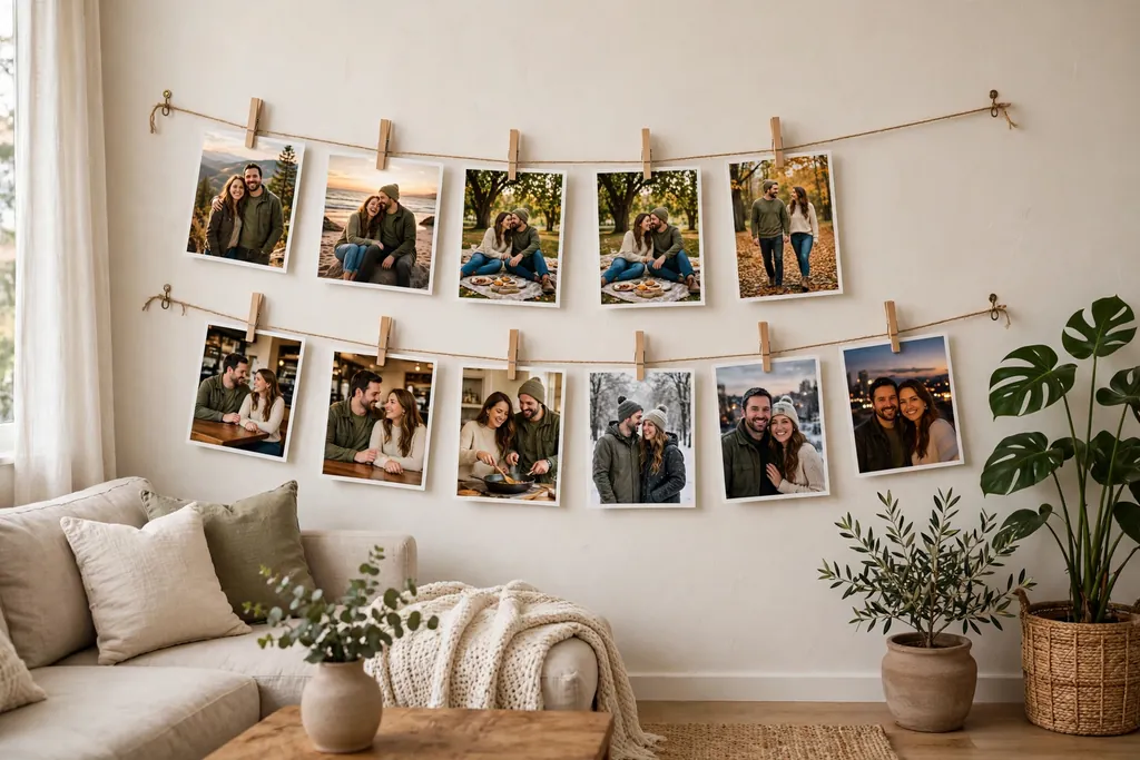 String photo timeline with printed couple photos clipped along a living room wall.