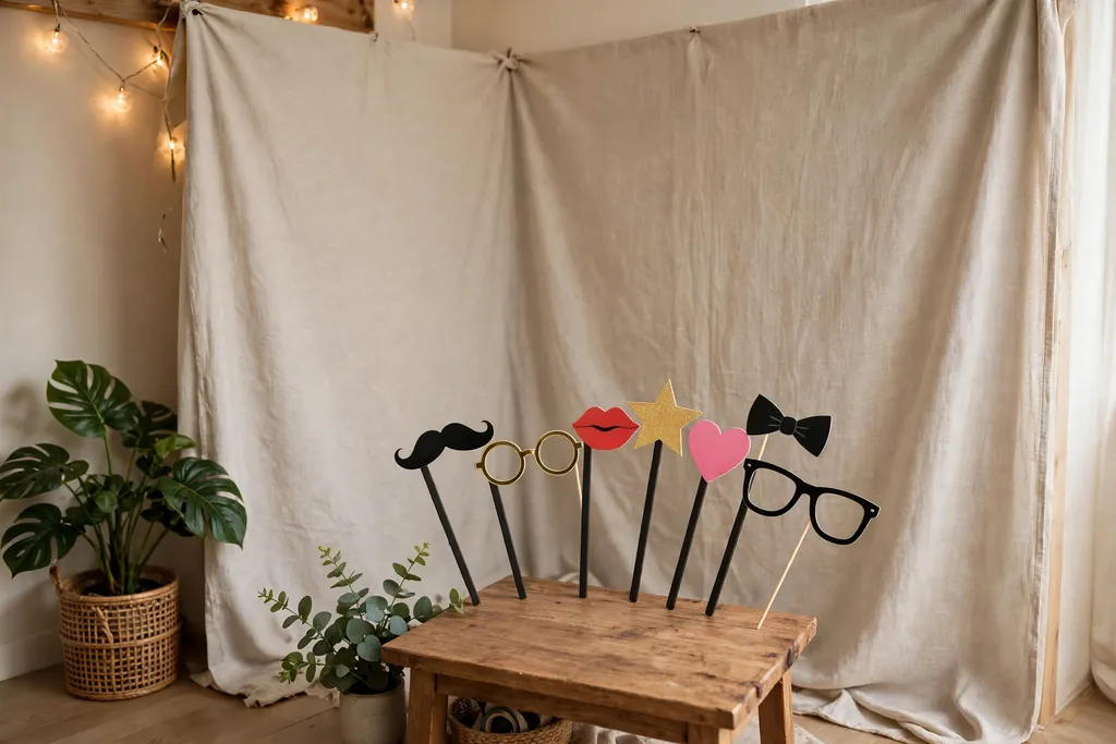 Photo booth corner with a plain fabric backdrop and a small table of props on sticks.