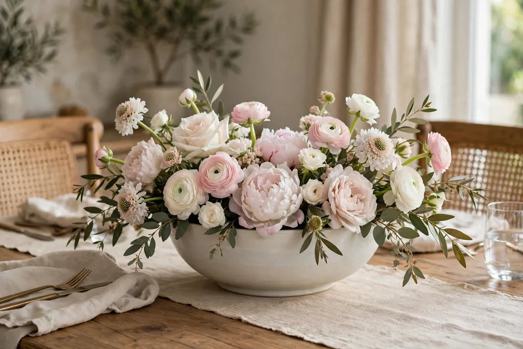 Low white and blush flower centerpiece in a wide bowl on a dining table.