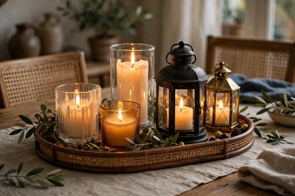 Candle cluster in varied glass holders and lanterns on a tray on a dining table.