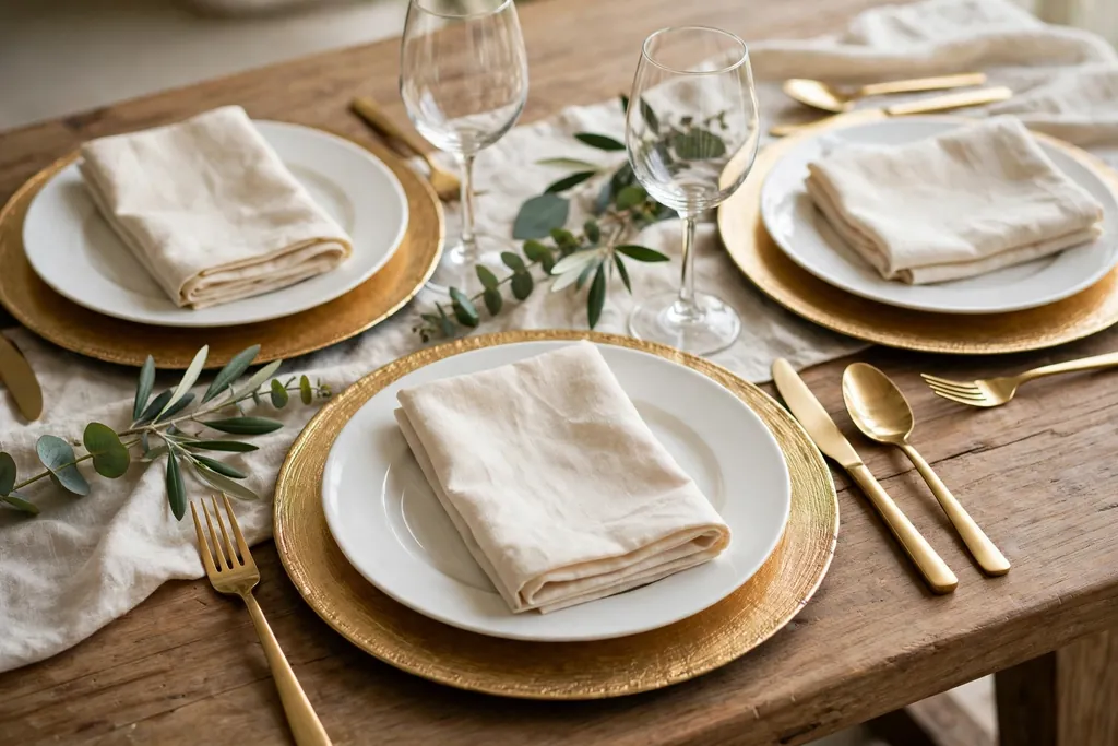 Dining place settings with gold chargers under white plates and cream linen napkins.