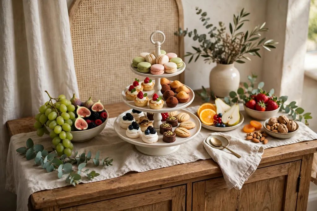 Dessert table with a tiered stand of small bites and fruit on a sideboard.