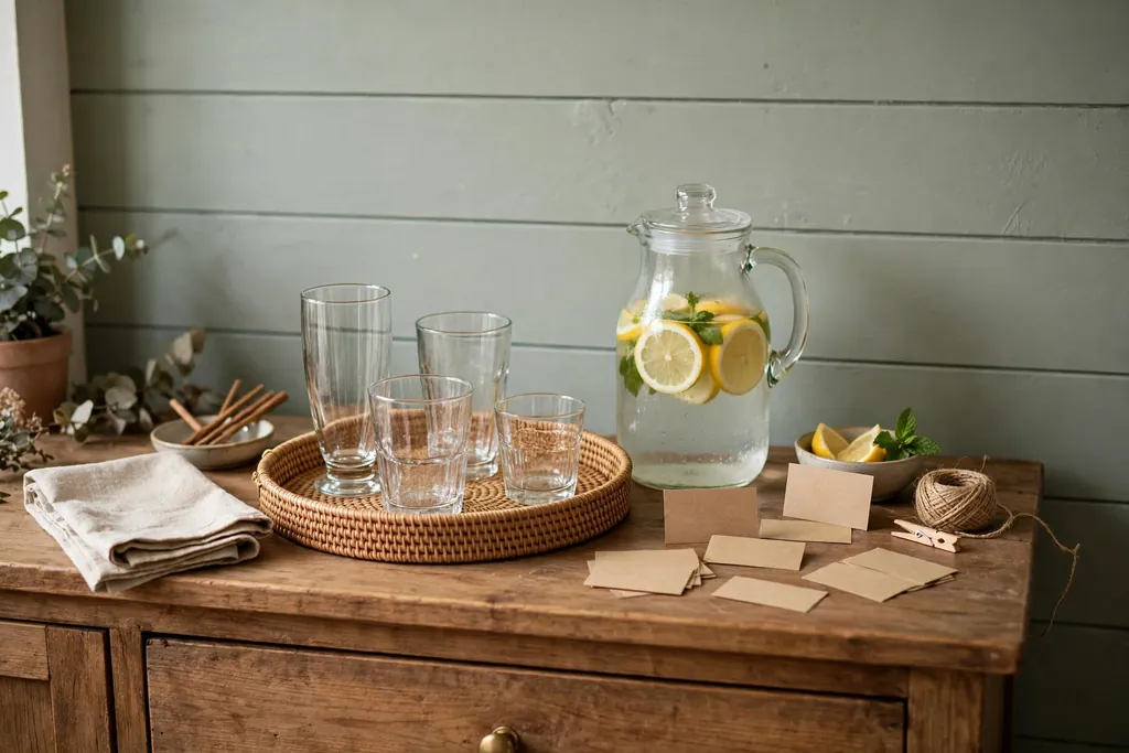 Self serve drink station on a sideboard with a tray, glasses, a jug, and small labels.