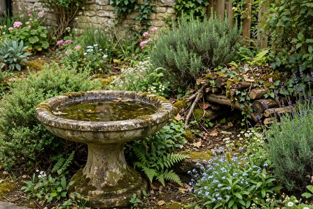 Stone bird bath in a cottage garden wildlife corner near shrubs.