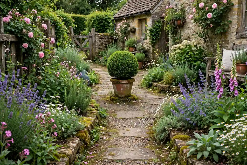 Clipped boxwood topiary ball in a pot at the end of a cottage garden path.