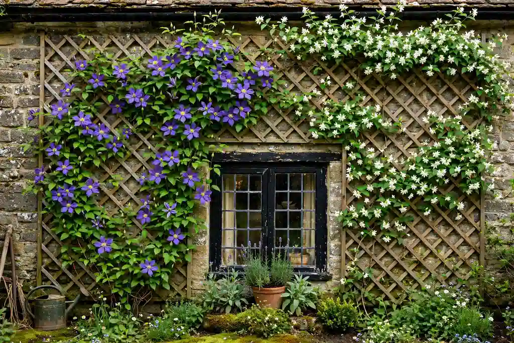 Clematis and jasmine climbing a trellis on a cottage house wall.