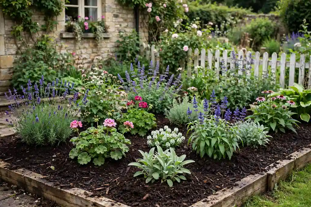 Cottage garden bed freshly mulched with compost around perennials.