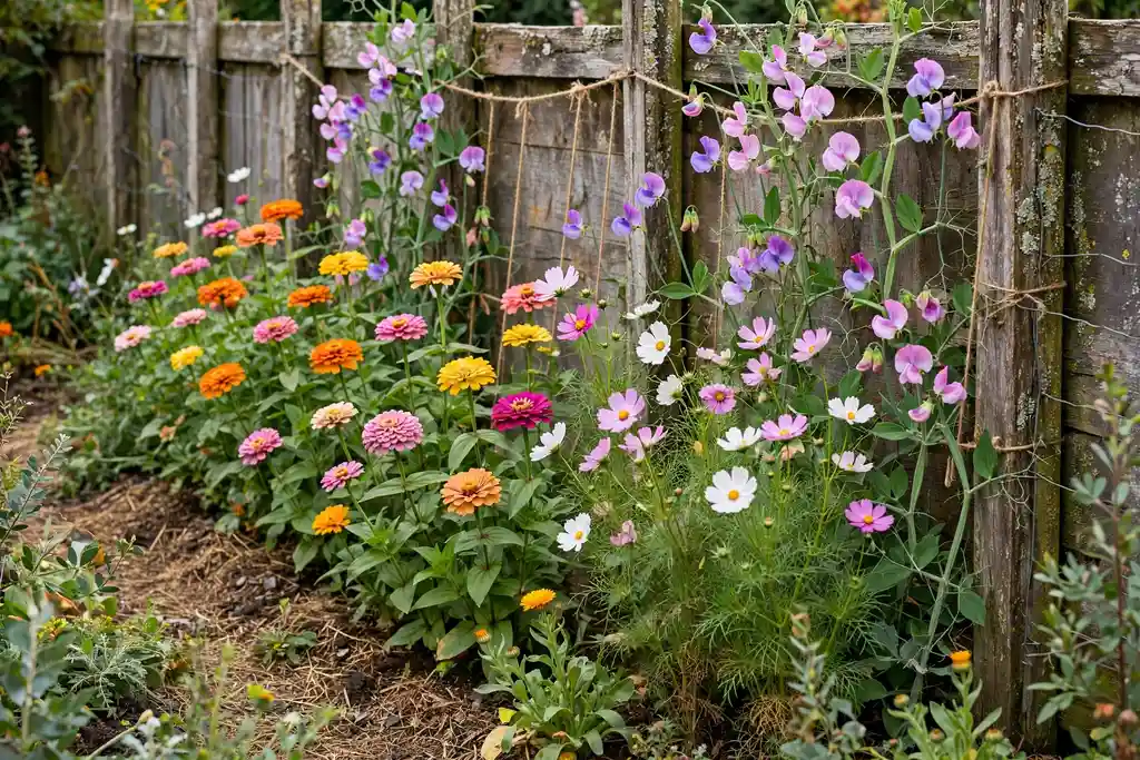 Cutting garden row with zinnias, cosmos, and sweet peas along a fence.