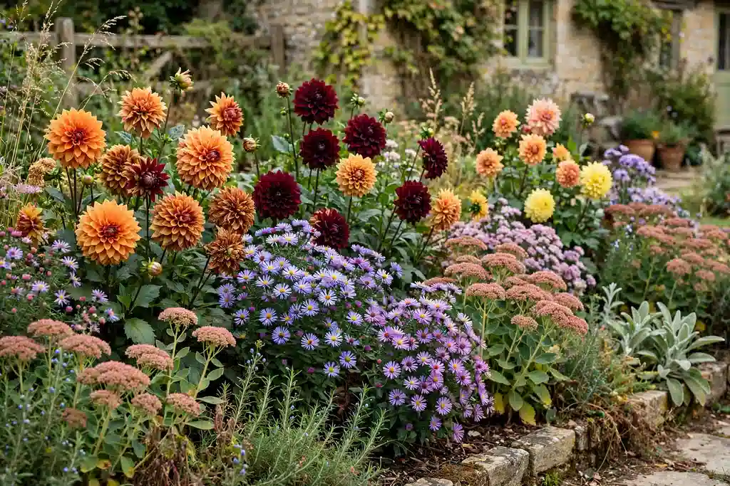 Dahlias and asters in late summer color in a cottage garden border.