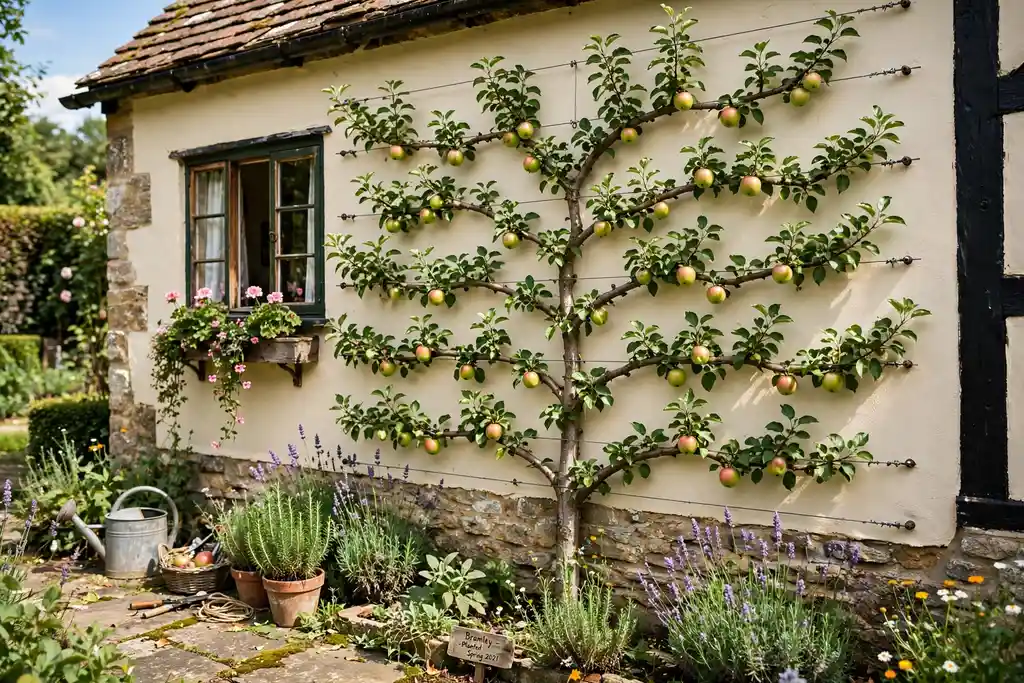 Espalier apple tree trained flat on wires against a sunny cottage wall.