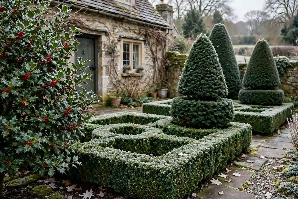 Evergreen holly, yew, and boxwood giving winter shape to a cottage garden.