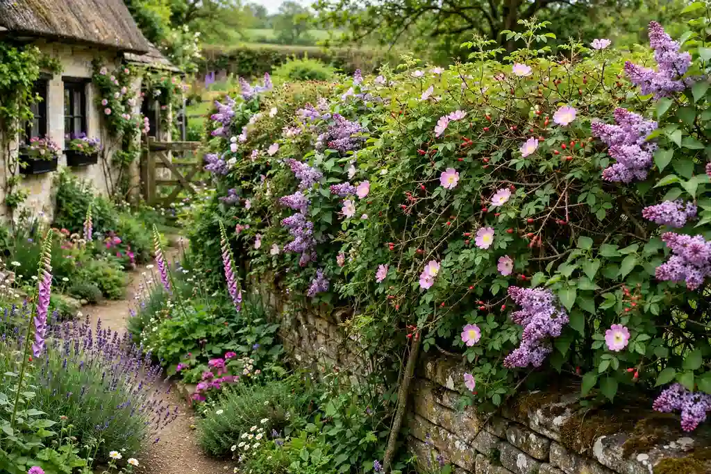 Mixed flowering hedge with wild rose and lilac along a cottage garden boundary.
