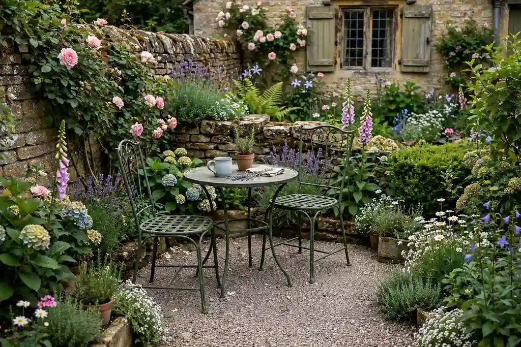Small gravel seating nook with a table and chairs in a cottage garden.