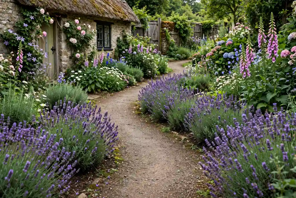 Winding gravel path through a cottage garden with lavender edging the walk.