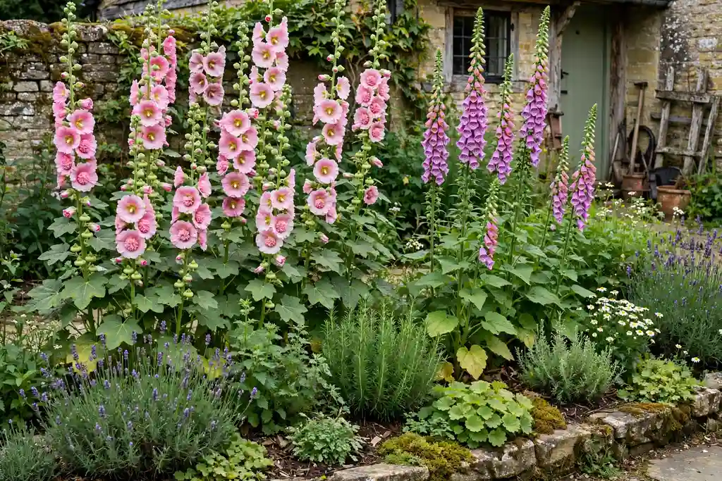 Tall hollyhocks and foxgloves in a cottage garden border.