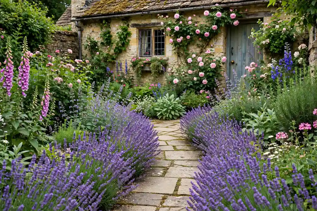Lavender edging a garden walk in a cottage garden.